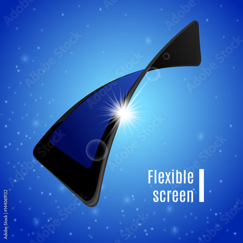 Gadget flexible screen with sun beams behind it. Mobile phone electronic visual display on abstract clear blue sky background. Vector illustration