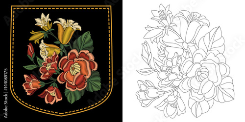 Embroidery design of shirt pocket. Collection of floral elements for patches and stickers. Coloring book page with roses and blue bell flowers bouquet.