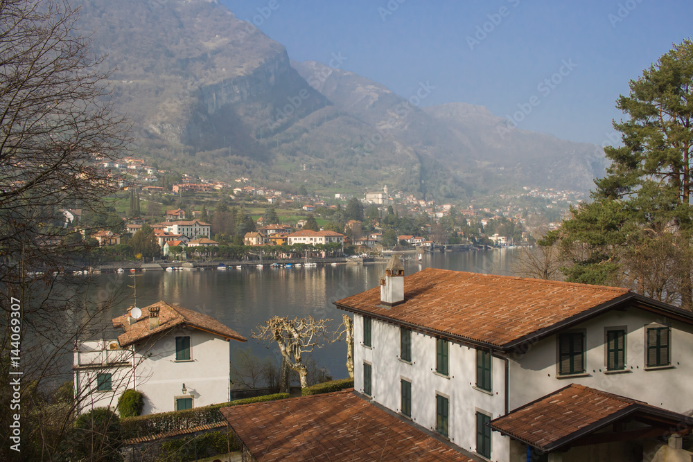 Spectacular view of lake Como and Apls from italian town Lenno