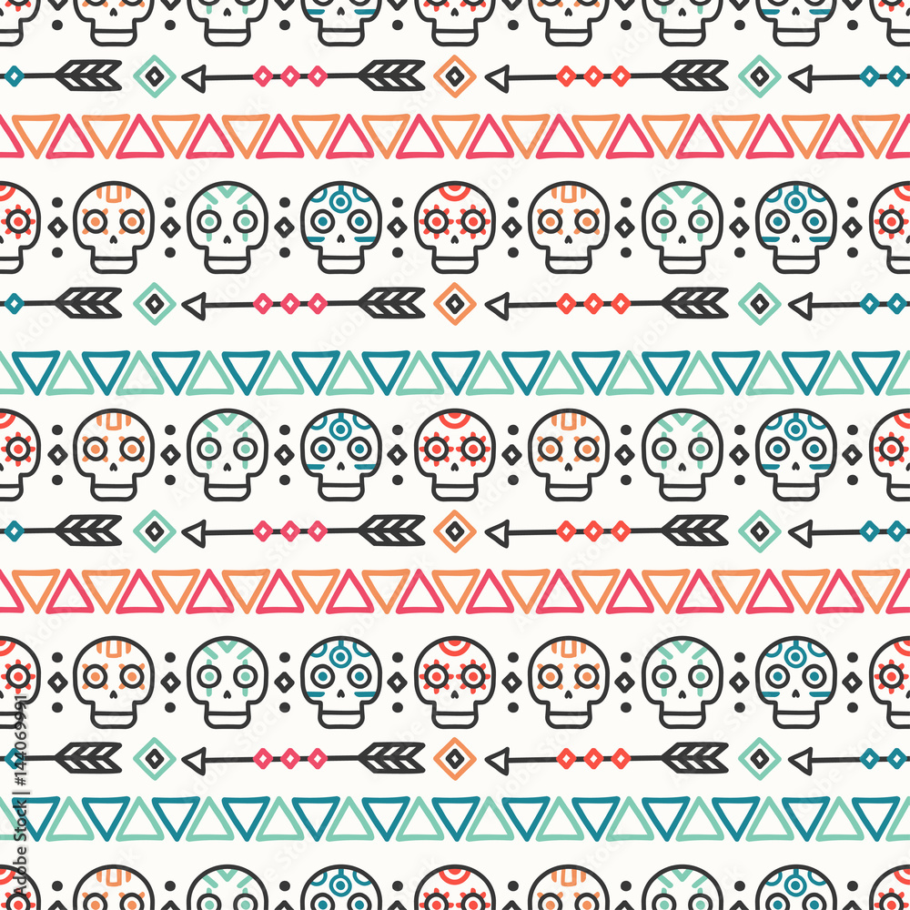 Day of the Dead. Tribal hand drawn line mexican ethnic seamless pattern. Border. Wrapping paper. Print. Doodles. Tiling. Handmade native vector illustration. Aztec background. Texture. Style skull.