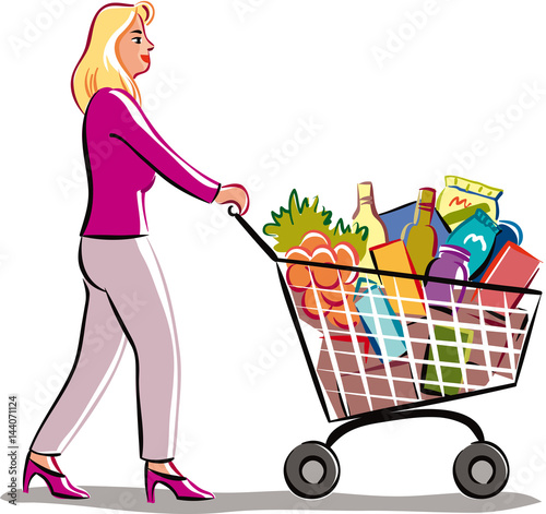Young Woman in a supermarket, pushing a shopping cart filled with newly purchased products.