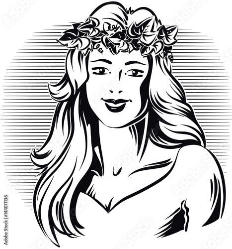 Young woman with a crown of vine leaves.