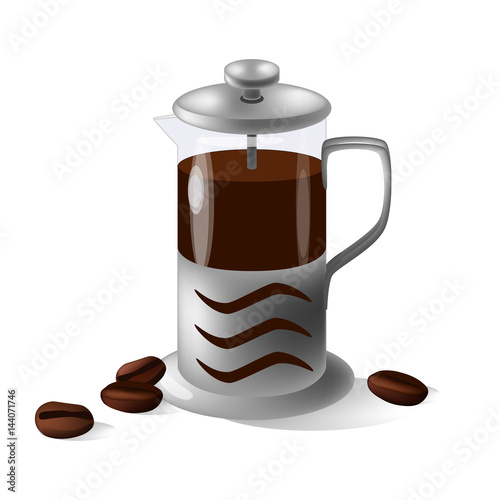 Vector french press isolated on the white background and coffee beans