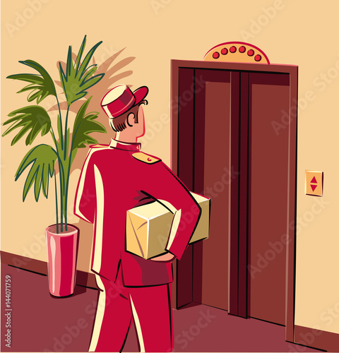 Bellman in red livery, which is preparing to enter an elevator, to personally deliver a parcel