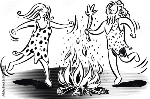 primitive couple dancing around the fire.