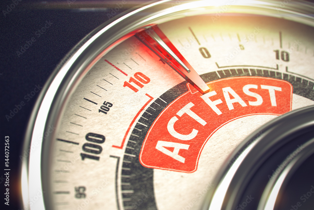Dial with Red Needle Pointing the Inscription Act Fast on the Red Label. Act Fast Rate Conceptual Balance with Inscription on Red Label. Business Concept. 3D Illustration. Dial with Red Needle Pointing the Inscription Act Fast on the Red Label. Act Fast Rate Conceptual Balance with Inscription on Red Label. Business Concept. 3D Illustration.