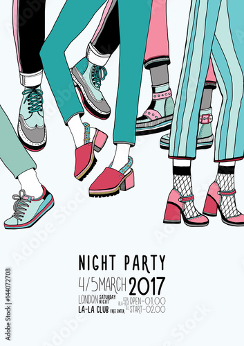 Night party hand drawn colorful poster with dancing legs. Dance, event, festi...