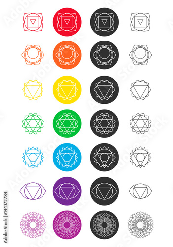 Set of chakra icons. Colored and black and white. Line art.