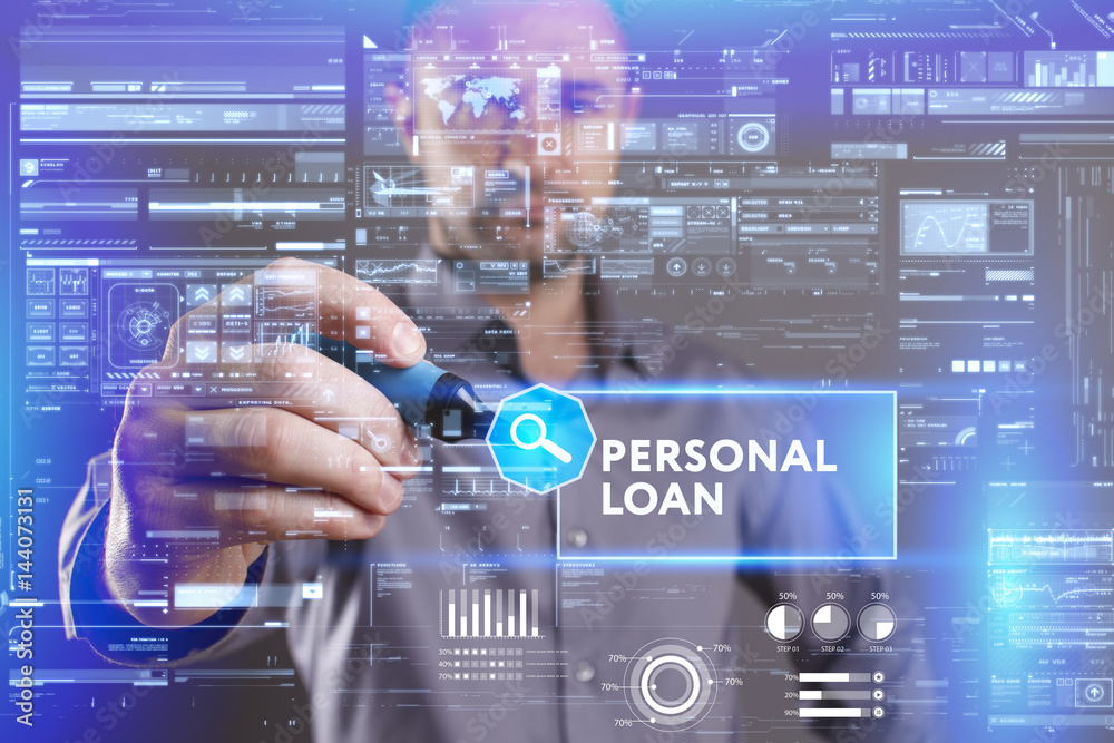 Business, Technology, Internet and network concept. Young businessman working on a virtual screen of the future and sees the inscription: Personal loan Business, Technology, Internet and network concept. Young businessman working on a virtual screen of the future and sees the inscription: Personal loan