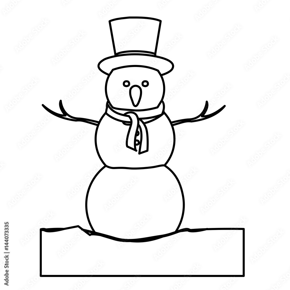 monochrome contour with snowman in ice block with hat and scarf vector illustration monochrome contour with snowman in ice block with hat and scarf vector illustration