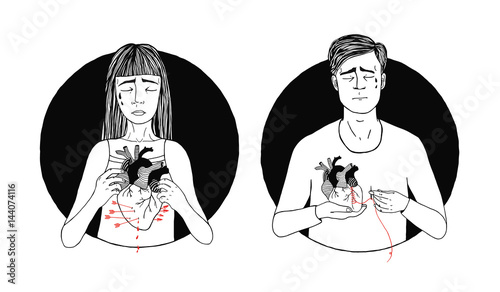 Sad and suffering man and woman loss of love. broken heart concept. hand drawn illustration