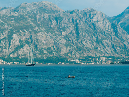 Yachts, boats, ships in the Bay of Kotor, Adriatic Sea, Montenegro Balkans