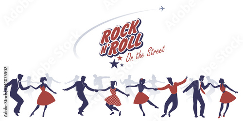 Silhouettes of young couples wearing 50's clothes dancing rock and roll photo