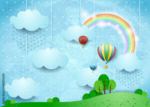 Fantasy landscape with rain and hot air balloons