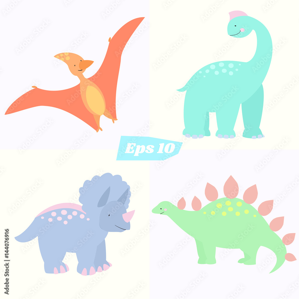 Naklejka premium Set of cute dinosaurs. Cartoon style. Stegosaurus, triceratops pterodactyl and brachiosaurus