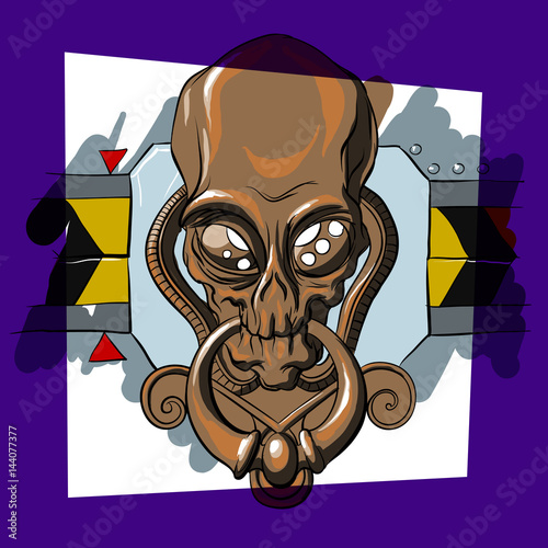 Hand drawn Steampunk door knocker in a form of alien