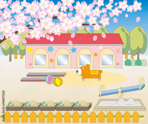 桜の木と幼稚園・保育園の風景