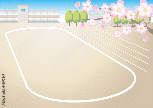 桜の木と学校の風景・運動場