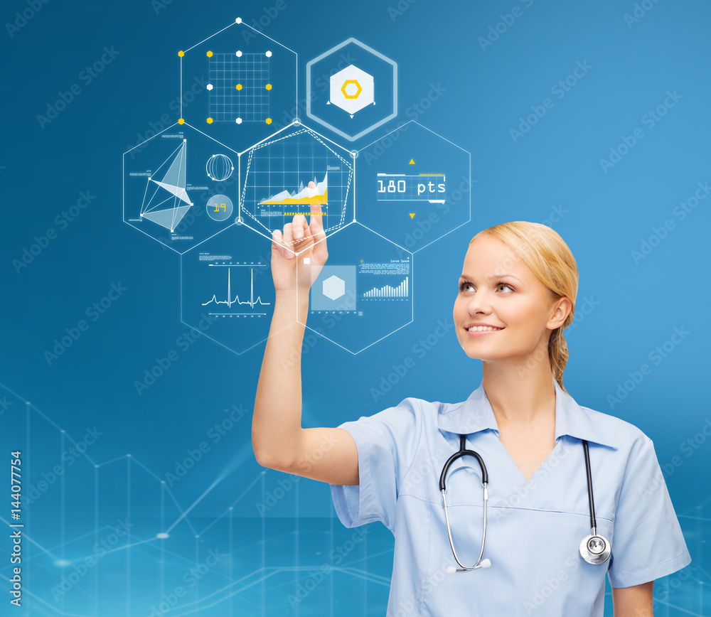 doctor pointing finger to virtual chart over blue doctor pointing finger to virtual chart over blue
