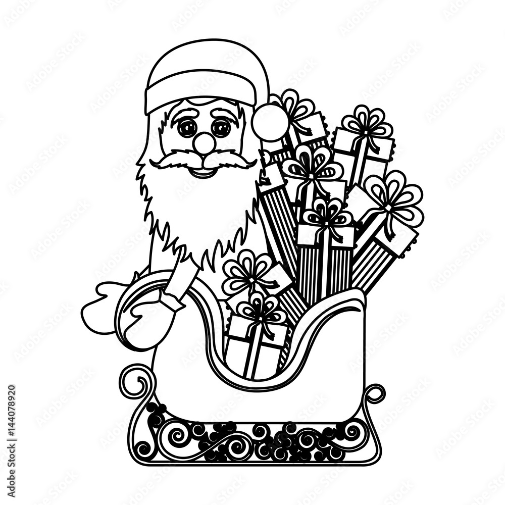Obraz premium monochrome silhouette of santa claus in sleigh with gifts vector illustration