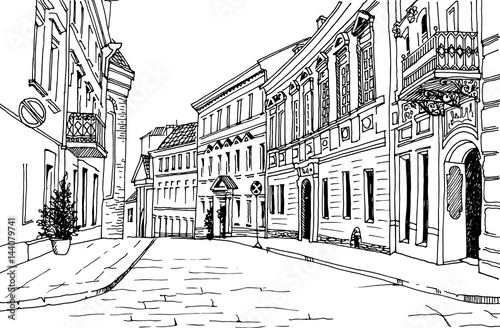 Old city street in hand drawn sketch style. Small European city. Urban landscape on white background