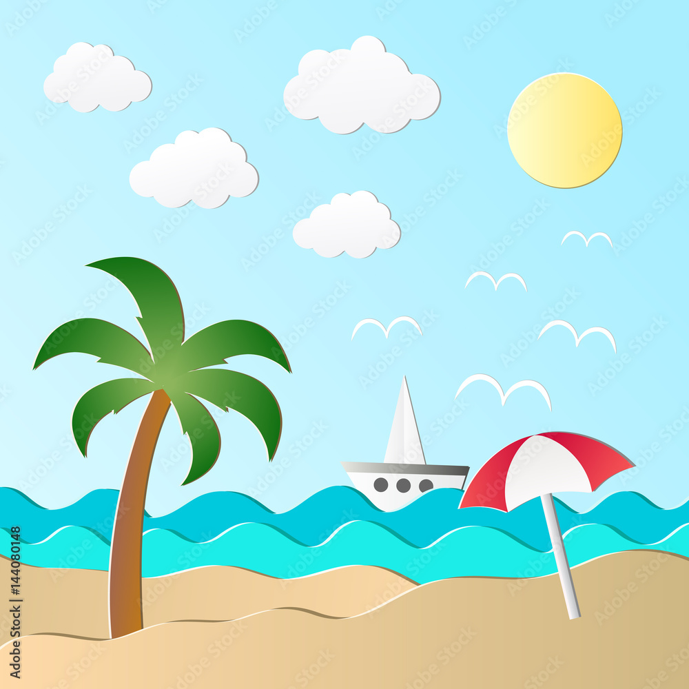 Vector illustration of the sea, sun and palm on the beach. Paper art style. 