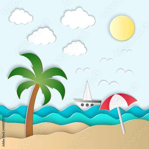 Vector illustration of the sea  sun and palm on the beach. Paper art style. 