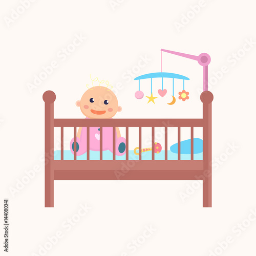 Happy sitting baby is in  the crib. Flat design.