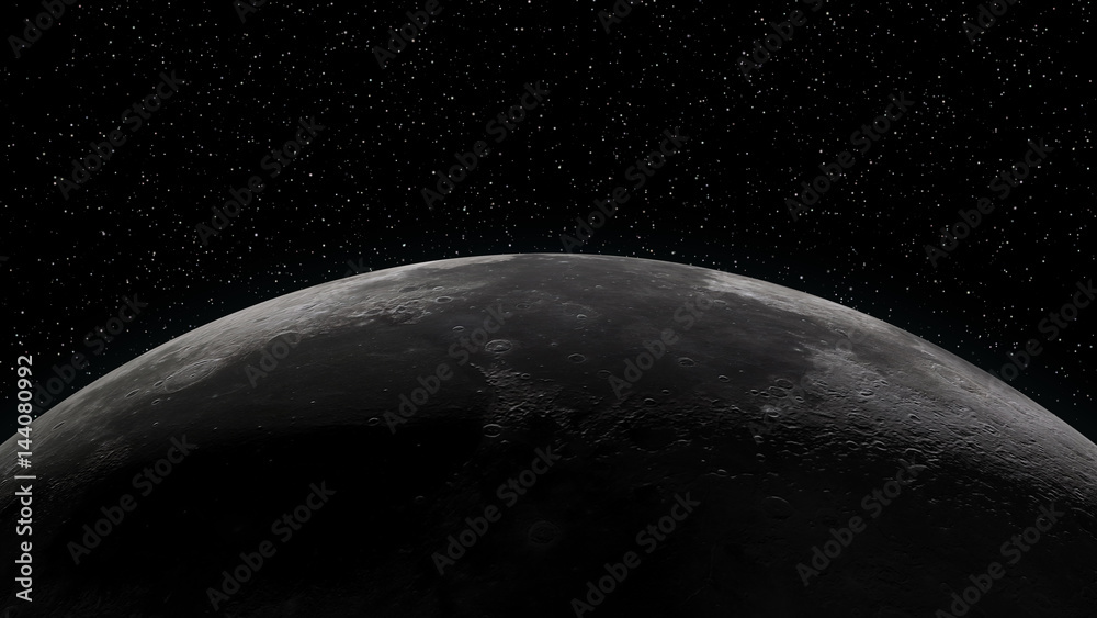 Naklejka premium Close up of the Moon. Partially lit horizon surrounded by stars. Digital 3d illustration. Elements of this illustration are furnished by NASA.