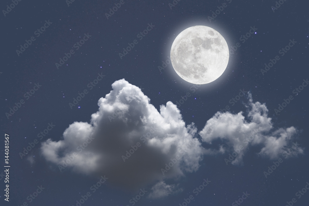 Romantic night with full moon in space over stars with cloudscape background. wonderful night.