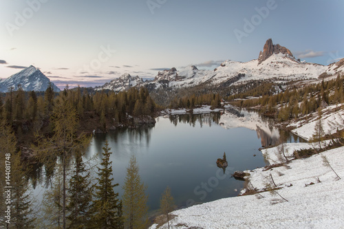 Europe, Italy, Veneto, Belluno, Cortina d Ampezzo. Sunrise at Lake Federa, on the background the Becco di Mezzodi, Dolomites photo