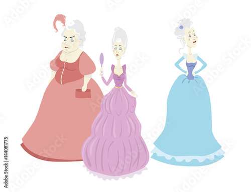 Set of three vector cartoon illustrations of fairy tale princess wearing ball dress