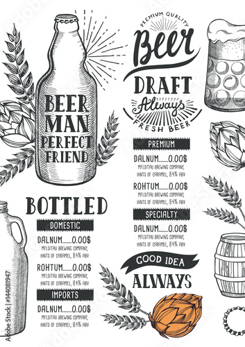 Beer menu restaurant, drink template.