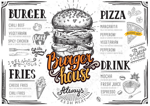 Burger menu restaurant, food template.