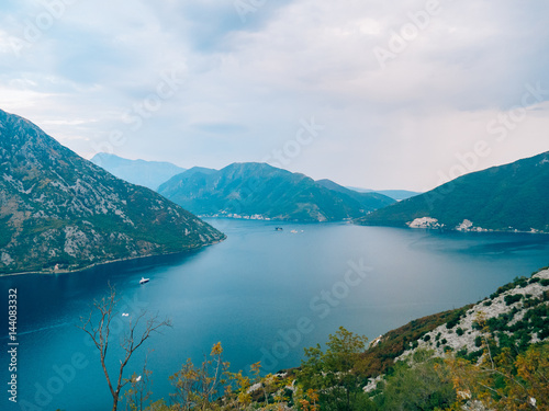 The island of Gospa od Skrpela  Kotor Bay  Montenegro. View from the high mountain above Risan.
