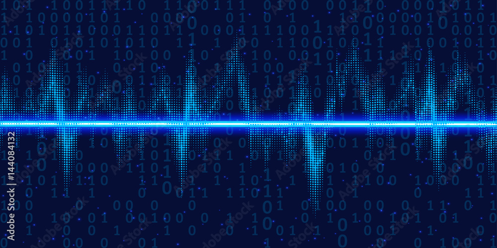 Sound waves oscillating glow with binary code , neon light. Abstract technology background , vector illustration. Sound waves oscillating glow with binary code , neon light. Abstract technology background , vector illustration.