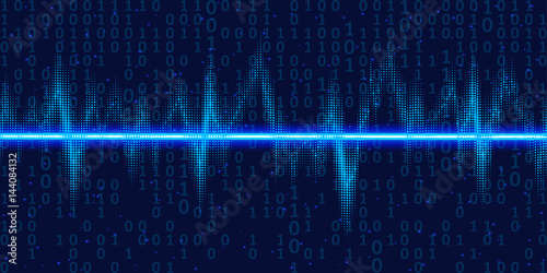 Sound waves oscillating glow with binary code , neon light. Abstract technology background , vector illustration.
