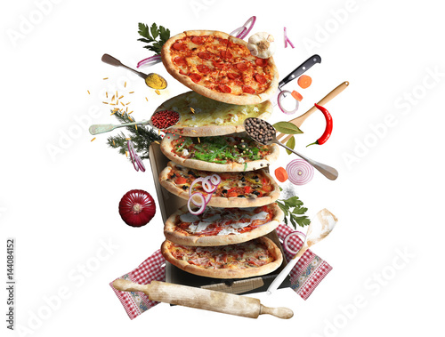 Pizza with different tastes with vegetables, cooking photo