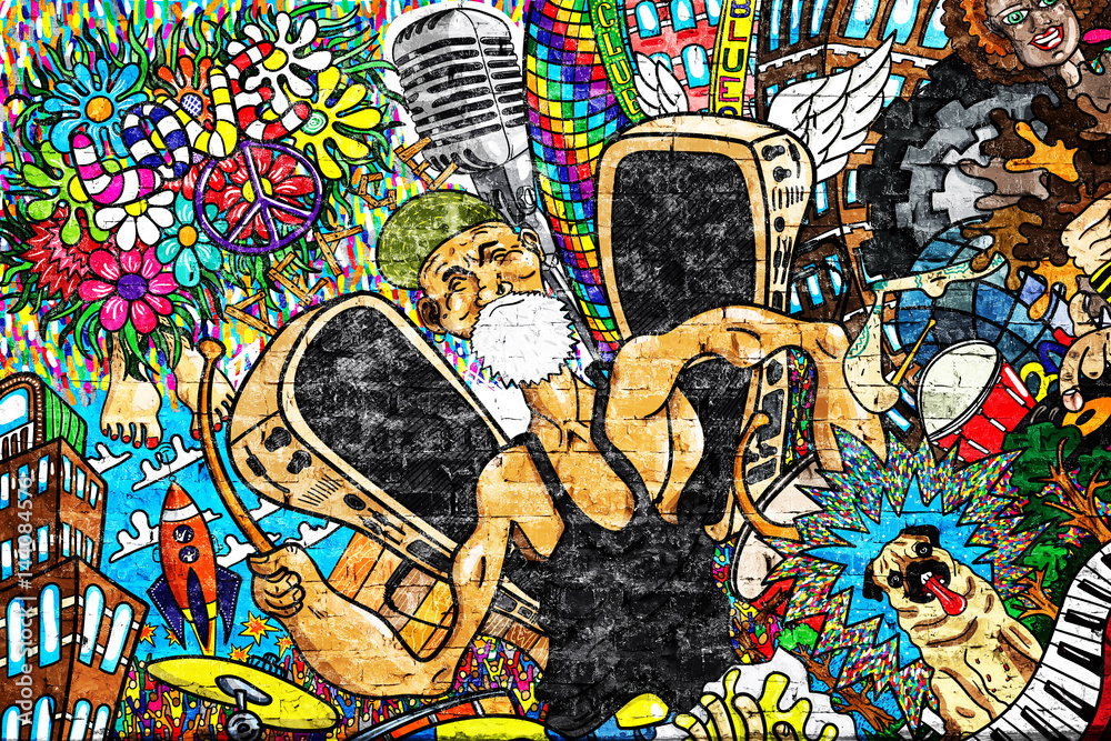 Obraz premium Muzyczny kolaż na wielkim ściana z cegieł, graffiti