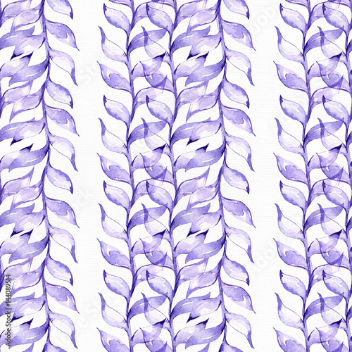 Seamless raster large illustration with blue and purple plants, based on rubber plant and liana shape, overlapping in rows. Floral pattern on white watercolor paper, hand drawn with ink and brush.