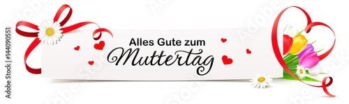 Grußkarte Banner mit roter Schleife, Herz Band und Blumen - Alles Gute zum Muttertag