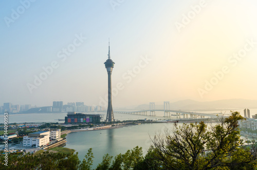 Macau tower and cityscape in evening at macau china