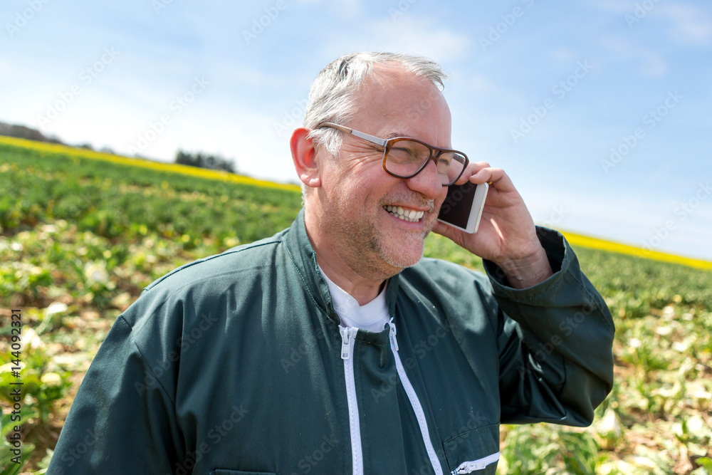 Senior attractive farmer calling in a field with smartphone- Nature concept Senior attractive farmer calling in a field with smartphone- Nature concept
