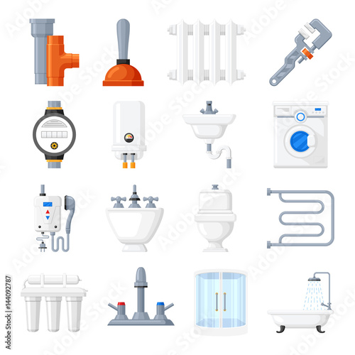 Plumbing equipment and tools vector icons