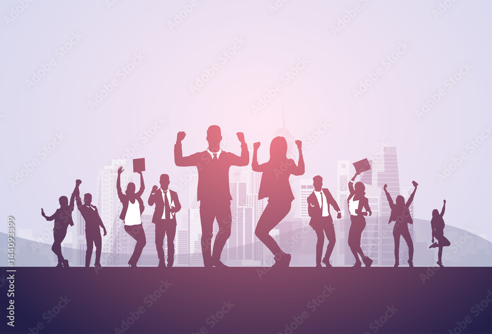 Business People Group Silhouette Excited Hold Hands Up Raised Arms, Businesspeople Concept Winner Success Vector Illustration