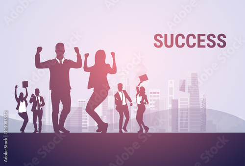 Business People Group Silhouette Excited Hold Hands Up Raised Arms  Businesspeople Concept Winner Success Vector Illustration