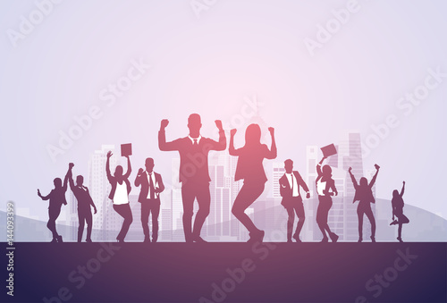 Business People Group Silhouette Excited Hold Hands Up Raised Arms  Businesspeople Concept Winner Success Vector Illustration