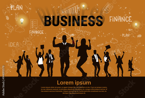 Business People Group Silhouette Excited Hold Hands Up Raised Arms, Businesspeople Concept Winner Success Vector Illustration