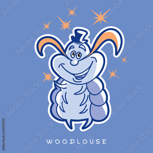 Vector illustration of funny insects in cartoon style. One wood louse stands with a hat, a mustache and several stars. Image in blue and orange colors.