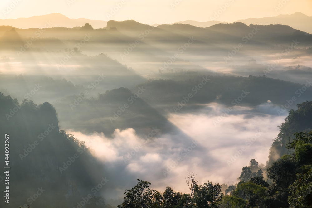 Naklejka premium Scenic landscape sunlight shine on foggy hill